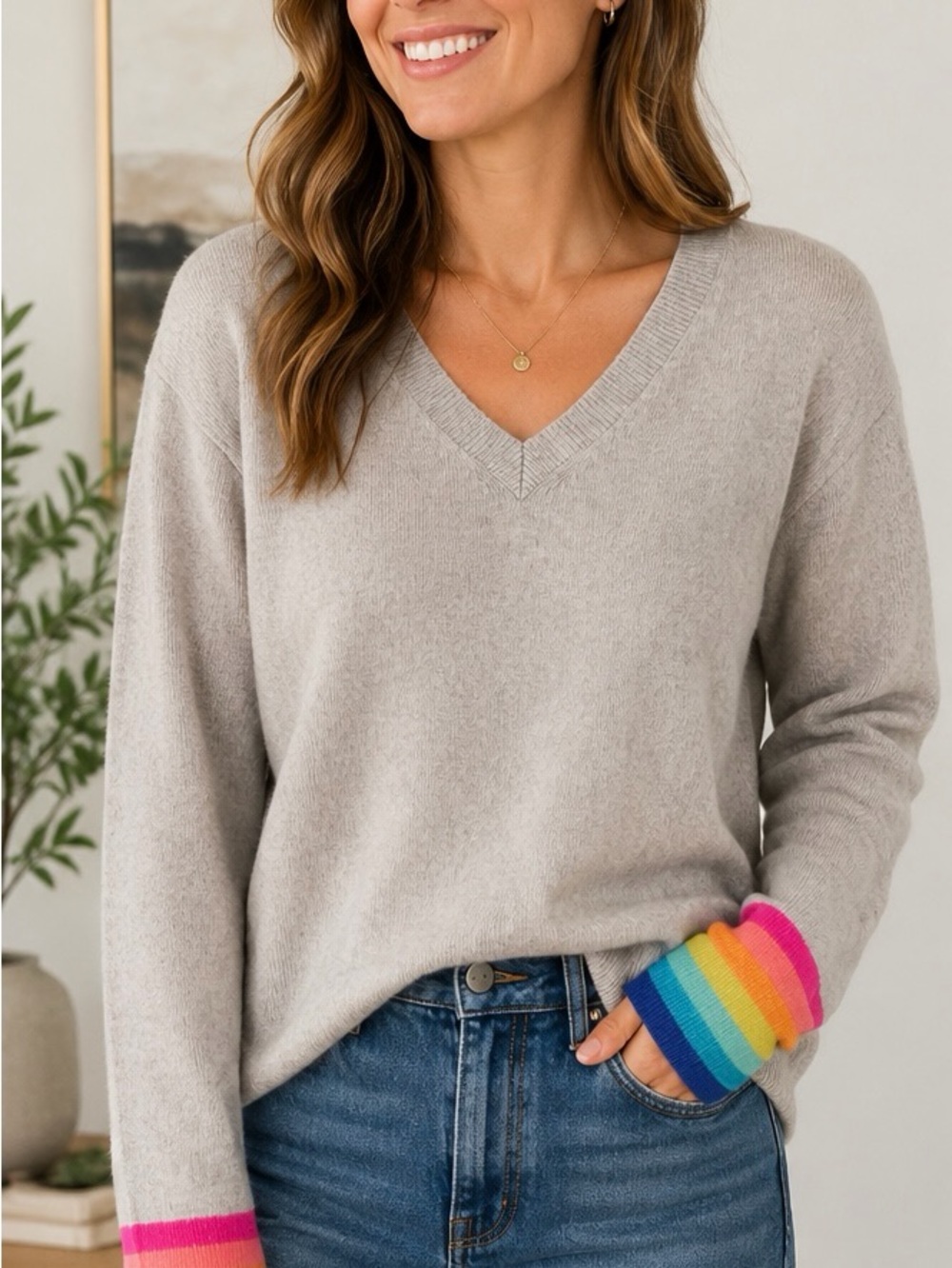 Claudia Nichole 100% Cashmere Rainbow Cuff V-Neck Sweater L/G